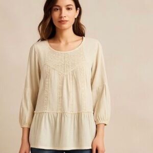 Adiva Peasant Tunic Top Size M Cream Eyelet Bohemian Cowgirl 70s Relaxed Hippie